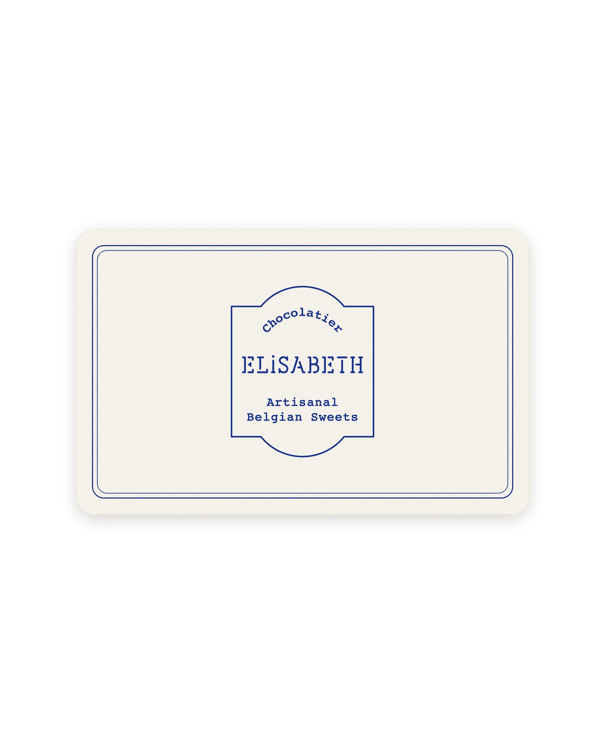 Cadeaubon van Elisabeth, ivoorkleurige kaart met blauw logo en dubbel kader